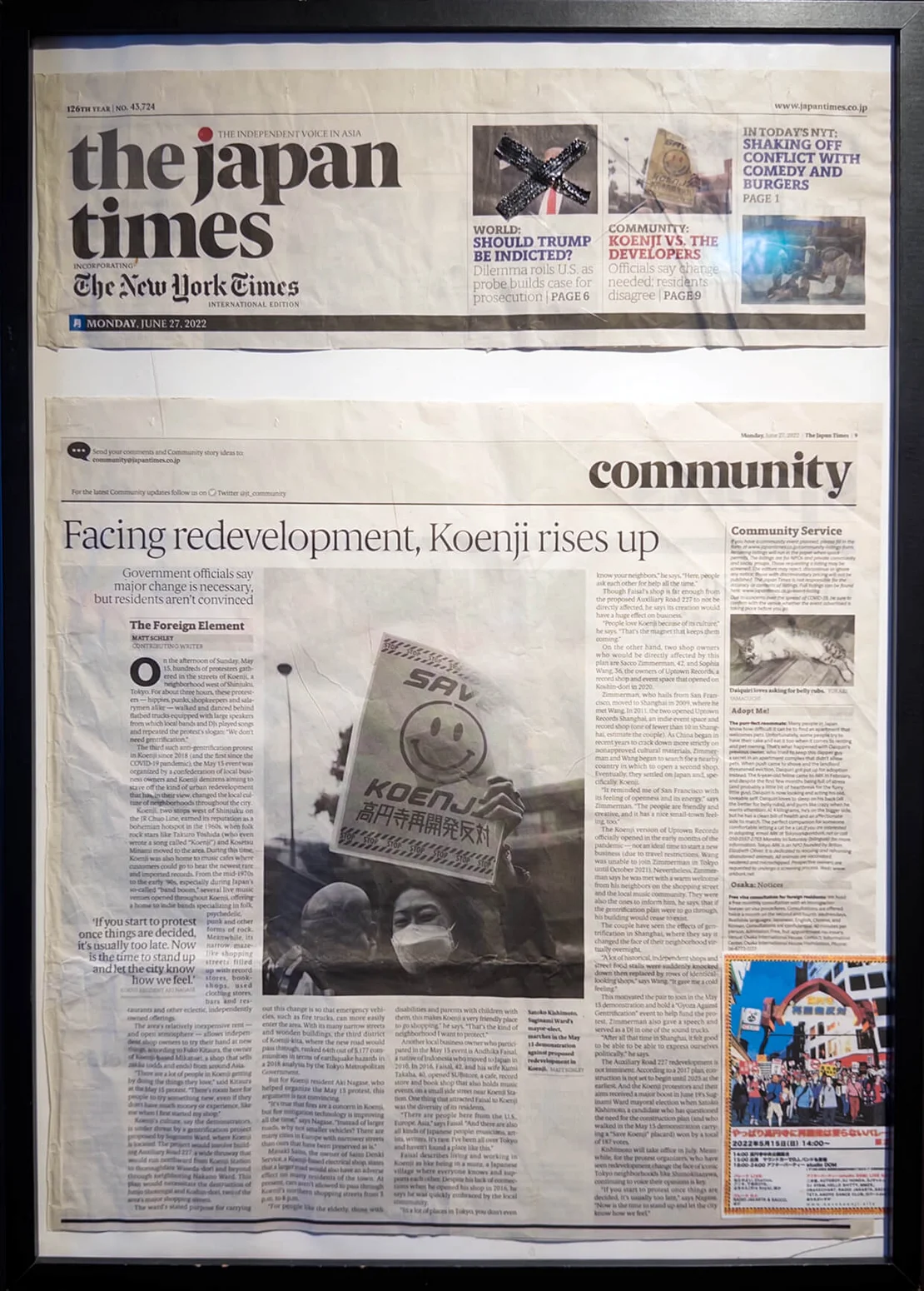 In May 2022, current Mayor Satoko Kishimoto joined the protests, making the pages of The Japan Times—now framed on the walls of the Substore.  